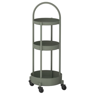 A JUTTERSBO, a modern grey-green, three-tier rolling trolley. This round, jeremiah design wheels and handles for easy mobility.