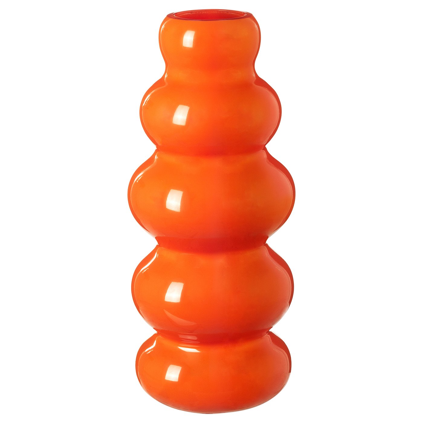 Bright orange, curved glass vase with multiple bulges, standing tall.