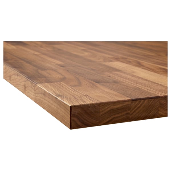 Smooth, richly-grained walnut wood countertop; elegant, natural pattern.