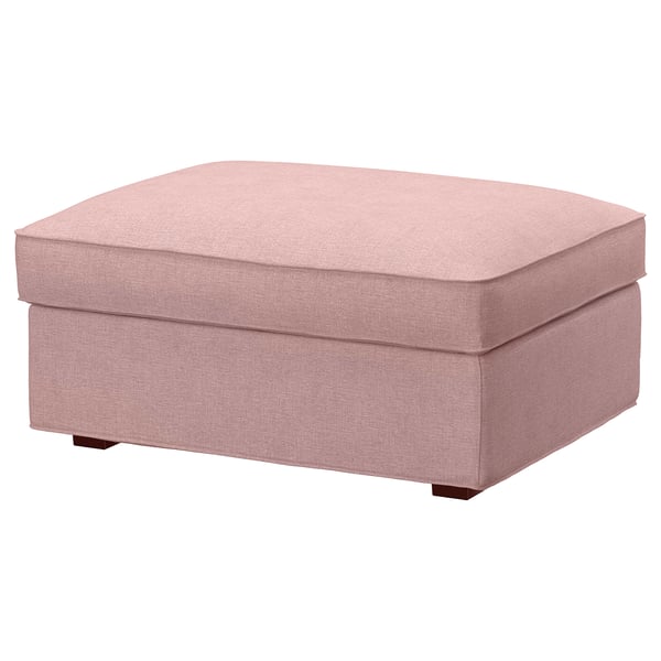 Light pink KIVIK footstool with storage, rectangular shape, soft fabric cover, wooden legs, designed for comfort and organisation.