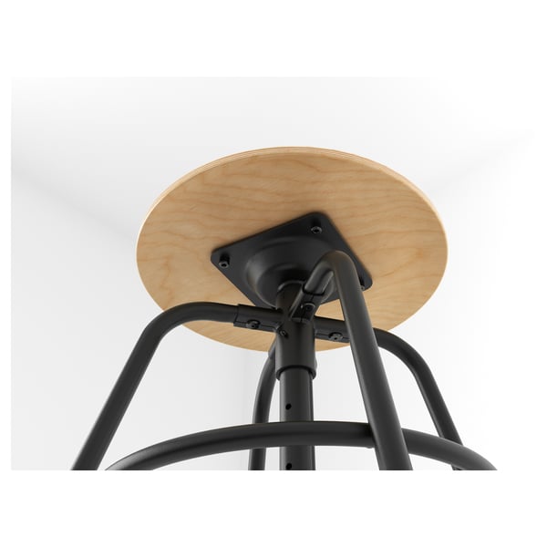 Close-up of modern industrial stool’s adjustable wooden seat and metal base.
