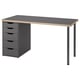 Modern grey desk with four drawers, sleek handles, and metal legs. Design a mix of grey and wood tones, ideal for a home office.
