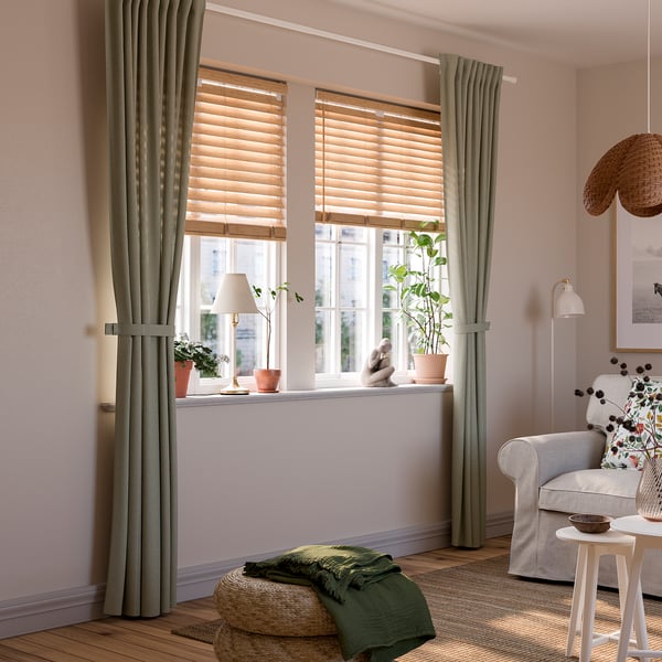 LENDA Curtains with tie-backs, 1 pair, light grey-green/with heading tape, 140x250 cm