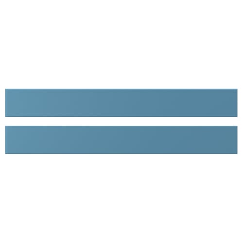 Blue rectangular wooden drawer fronts, rustic design, solid birch, bevelled edges.