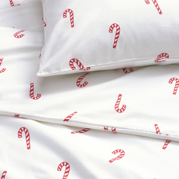 LÖVSÅNGARE Duvet cover and pillowcase, candy cane pattern/flannel, 150x200/50x60 cm