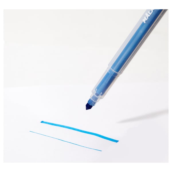 A blue felt-tip marker is drawing on paper, demonstrating its functionality with visible ink application.