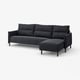 Modern dark grey sectional sofa with high back, cushions, and wooden legs.