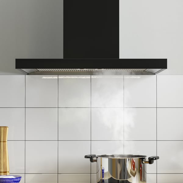 Modern black range hood with led lights.