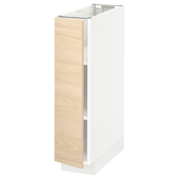 A vertical white kitchen cabinet with a light ash wood-patterned door. It a sleek, modern design with a single door and adjustable shelves inside.