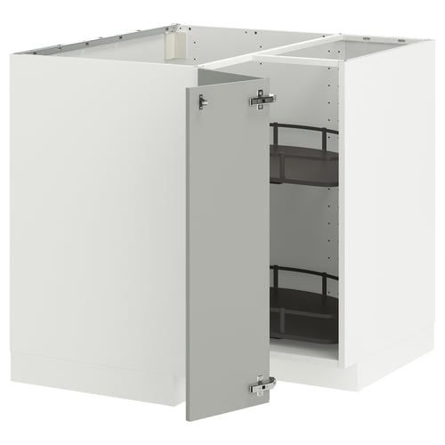 A white METOD kitchen cabinet set featuring a pull-out shelf. Its sleek, light grey, modern design includes a smooth finish and metallic handles.