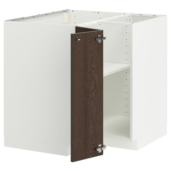 METOD corner cabinet, white & dark brown, wooden edges, open shelf, modern kitchen furniture.