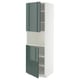 Modern white tall kitchen cabinet with high-gloss green doors.