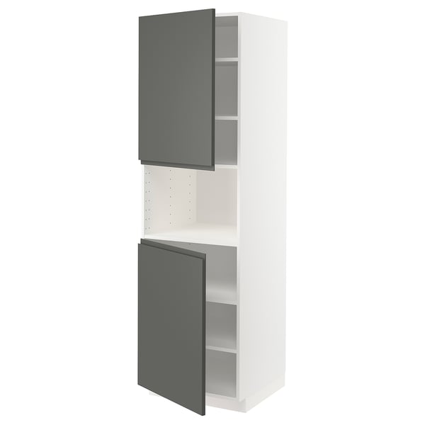 A white METOD kitchen cabinet with grey doors. It includes two adjustable shelves and snap-on hinges. The design is modern and minimalist.