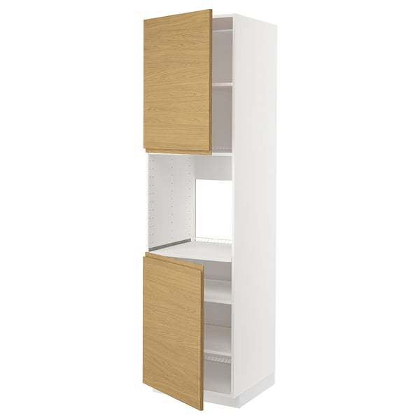 White and oak METOD kitchen cabinet with open doors.