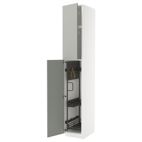 A white METOD kitchen cabinet with one door open, revealing internal storage shelves.