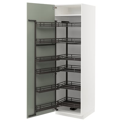 METOD kitchen cabinet, white with green glass door, pull-out shelves, modern design.