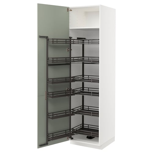 White METOD kitchen cabinet with green door and multiple pull-out shelves.