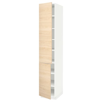 Light wood cabinet with white trim, adjustable shelves.