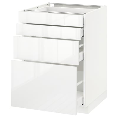 White modern kitchen unit, rectangular, glossy. Three drawers, sleek design, sturdy frame.