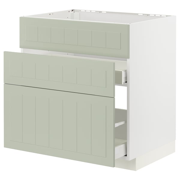 Ikea METOD kitchen unit, green, wood, rectangular, with three drawers.