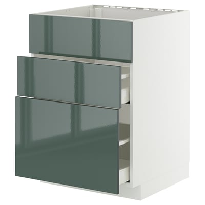 A modern kitchen unit named METOD, featuring high-gloss grey-green kallarp fronts, with three drawers and a sleek design.