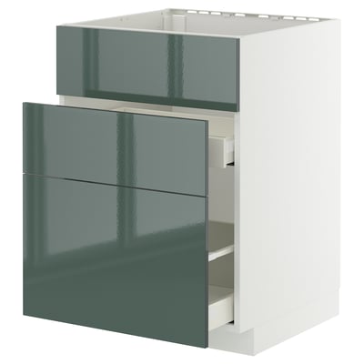 Modern kitchen drawer unit in glossy green with soft-close drawers.