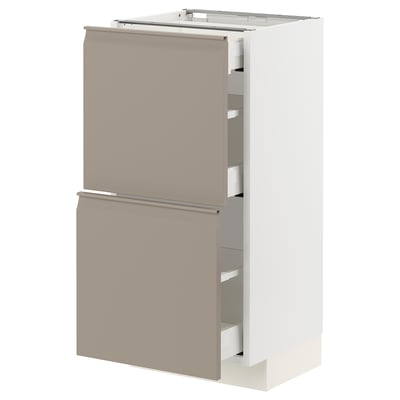 Modern kitchen unit, upplöv matte grey-beige, steel drawers, two drawer fronts, integrated handles, rectangular shape.