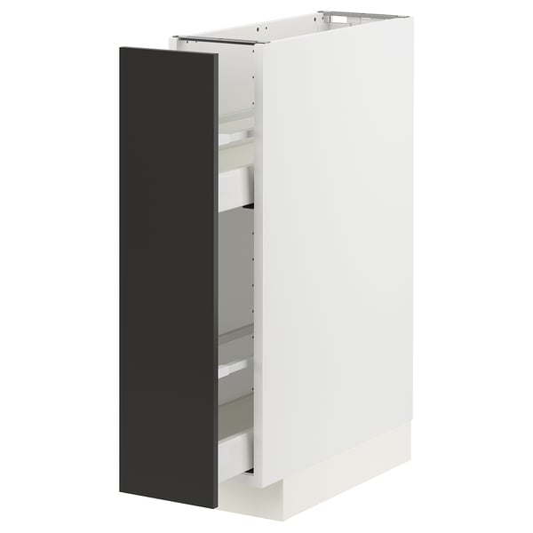 Modern white METOD cabinet with black door, rectangular shape, sleek design.