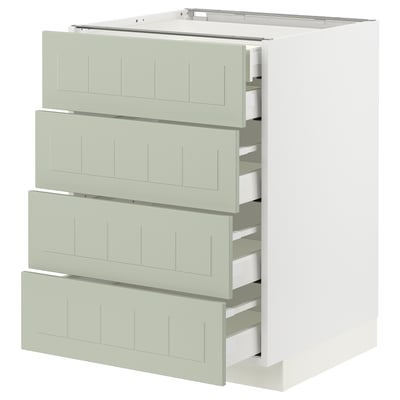 A modern, light green METOD kitchen cabinet with four drawers, each with a smooth, crafted look and a white interior.