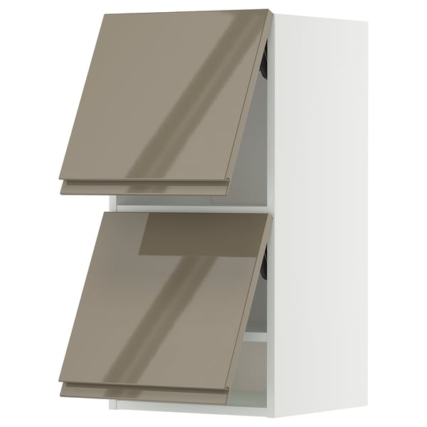 Modern kitchen cabinet, light brown gloss, rectangular, with sleek handles, metallic finish.