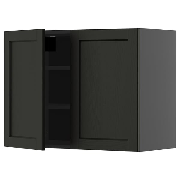 An open black wooden cabinet with a shelf inside. Part of the METOD kitchen system.