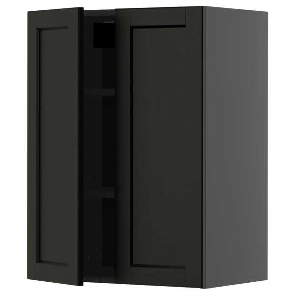 Modern black stained wooden kitchen cabinet with adjustable shelf.