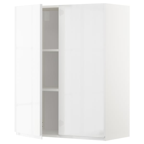 White modern METOD wall cabinet with glossy finish and adjustable shelves.