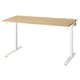 Adjustable light wood desk with cable management and headphone hooks.