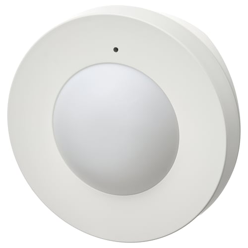 MYGGSPRAY motion sensor: circular, white, plastic, central light sensor, minimalist design.