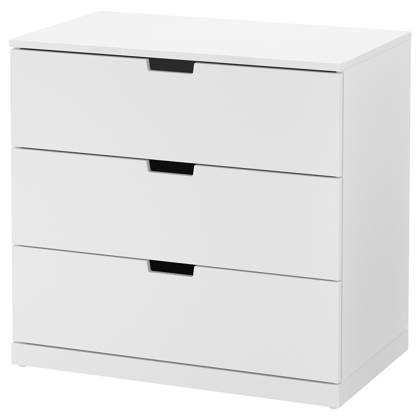 NORDLI: white 3-drawer chest. Minimalist design with sleek black handles. Made from particleboard and fiberboard.