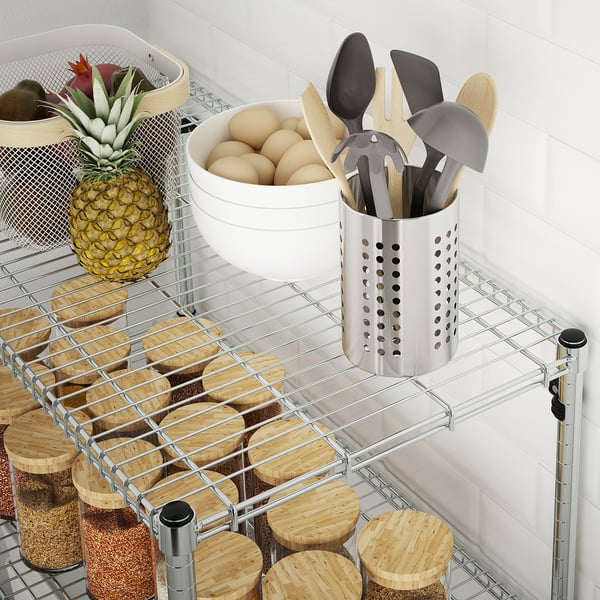 Organised wire rack with pots, pans, utensils, and food items. Adjustable shelves for versatile storage.