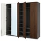 A PAX wardrobe with mirrored, wooden, and grey doors, featuring shelves inside.