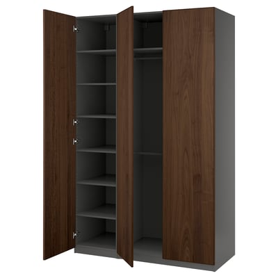 PAX wardrobe: two-toned, walnut & grey. Open doors show shelves.