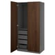 Open wardrobe named PAX, dark wood, metal, rectangular, with shelves and drawers.