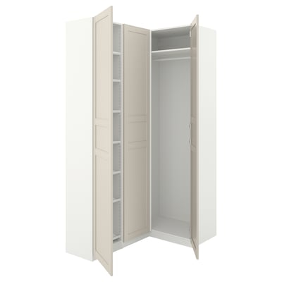 White PAX wardrobe with open doors, displaying shelves.