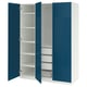 A blue and white PAX wardrobe with open doors revealing shelves and drawers.