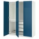 Blue PAX wardrobe with white interior, open doors, shelves, rail, and mesh basket.