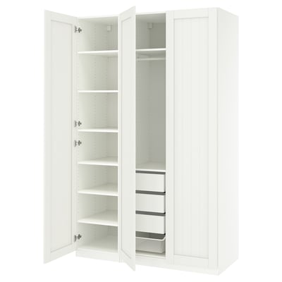Open white PAX wardrobe multiple shelves, drawers, and mesh basket for efficient storage.