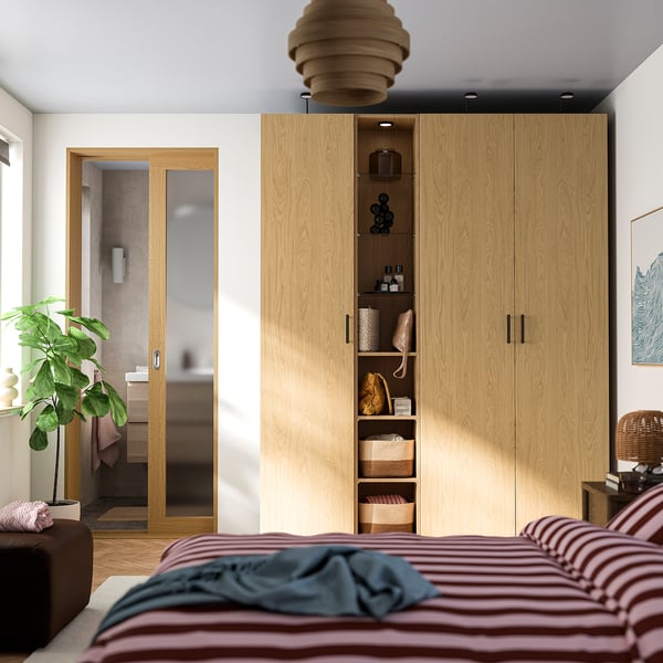 PAX / STORKLINTA Wardrobe combination, grey-beige/oak effect, 185x58x236 cm