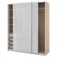 A light-colored PAX wardrobe with sliding frosted-glass doors and internal shelves, drawers, and compartments for storage.