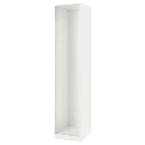 An ikea PAX wardrobe frame in white. It a minimalist design with adjustable feet and a hollow interior for organizing clothes.