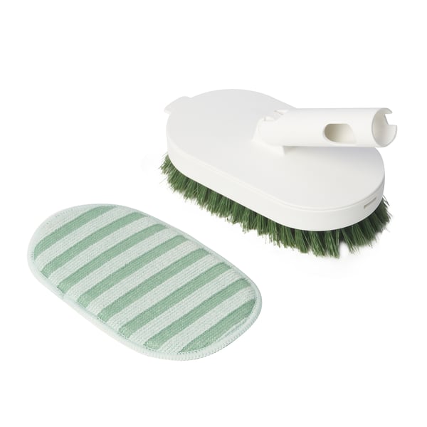 A cleaning set featuring a brush and a striped microfiber pad.