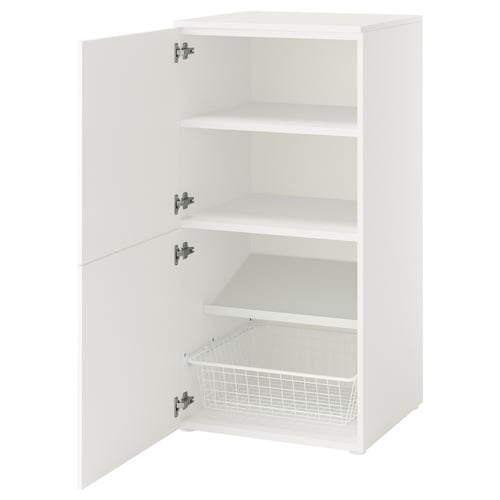 White PLATSA storage unit with three shelves, one wire basket, and adjustable feet.