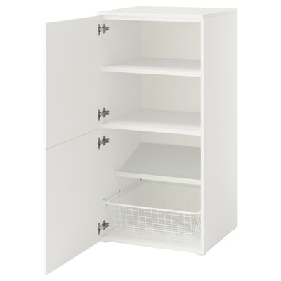 White PLATSA storage unit with three shelves, one wire basket, and adjustable feet.